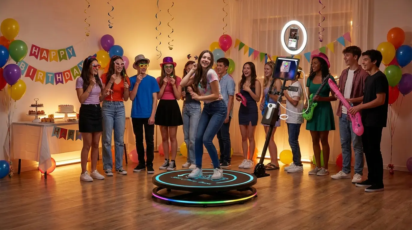 Guests posing in the 360 photo booth