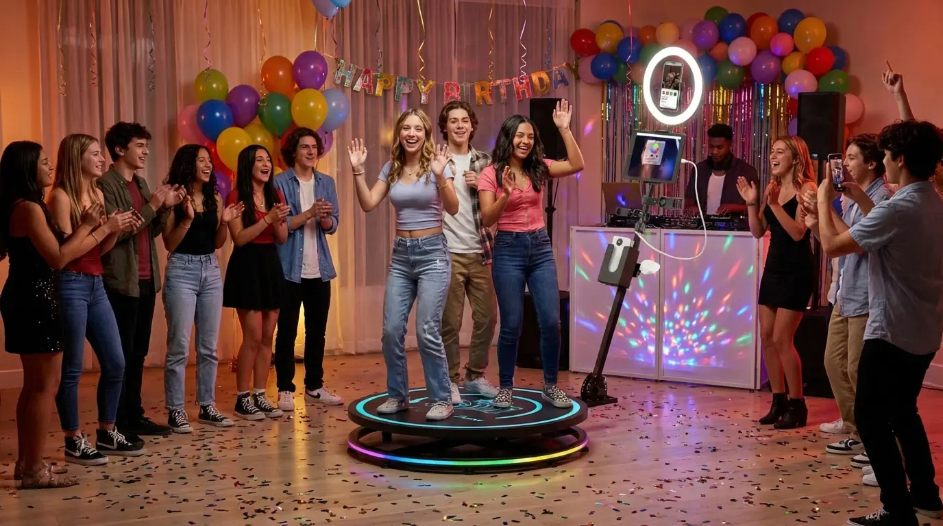 Guests using the EVO 360 photo booth at an event in Tampa Bay